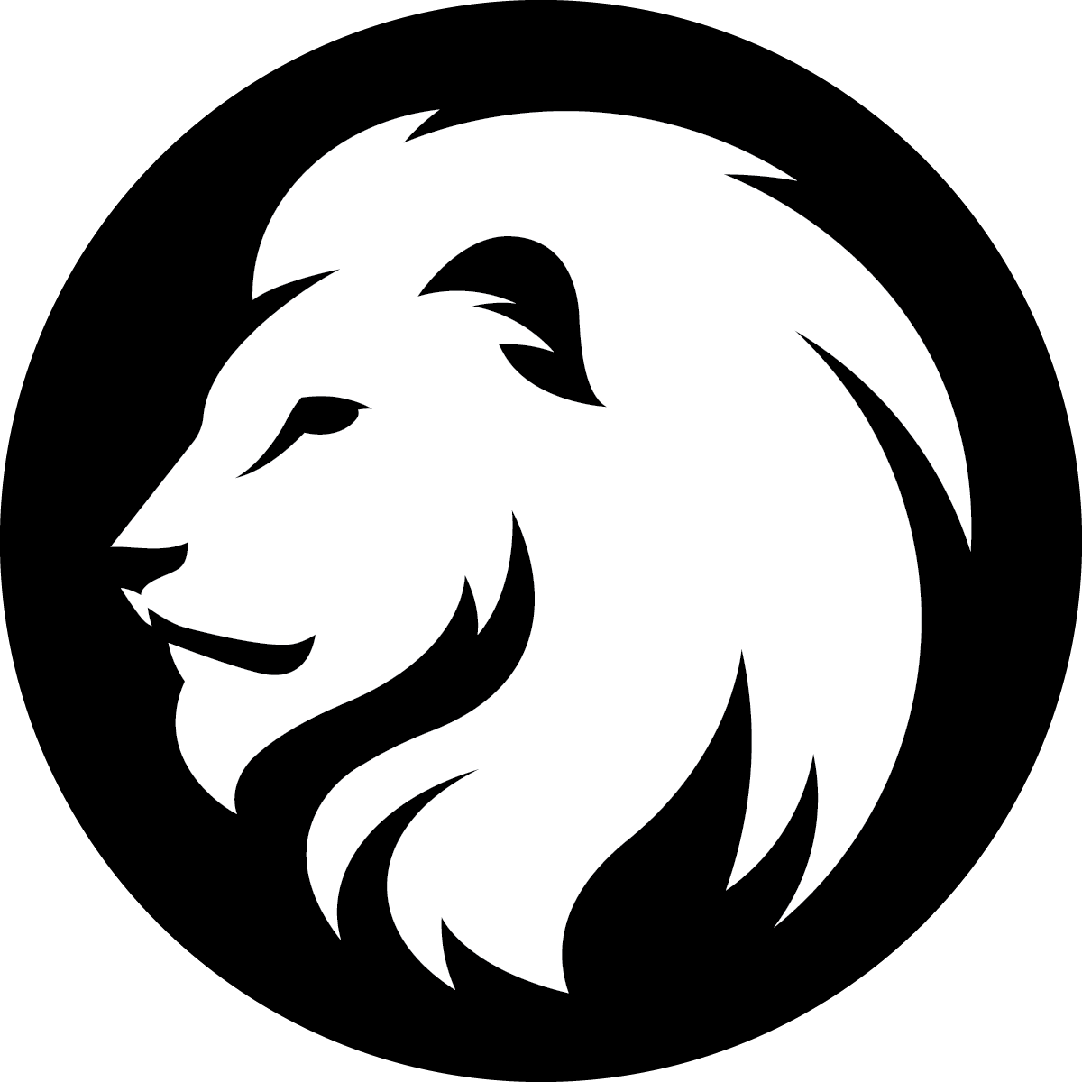 Black and white lion head logo.